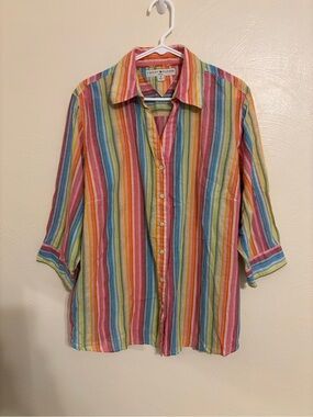 Tommy Hilfiger Rainbow Stripe Metallic Cotton Button Shirt Sz 18